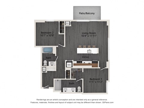 Floor plan for 2 beds, 2 baths, 1100 sqft
